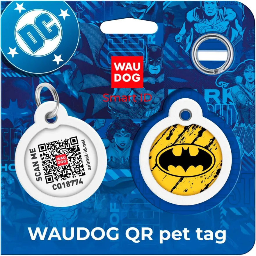 Адресник для собак і котів  WAUDOG Smart ID "Бетмен ескіз" металевий S з QR паспортом коло 25 мм