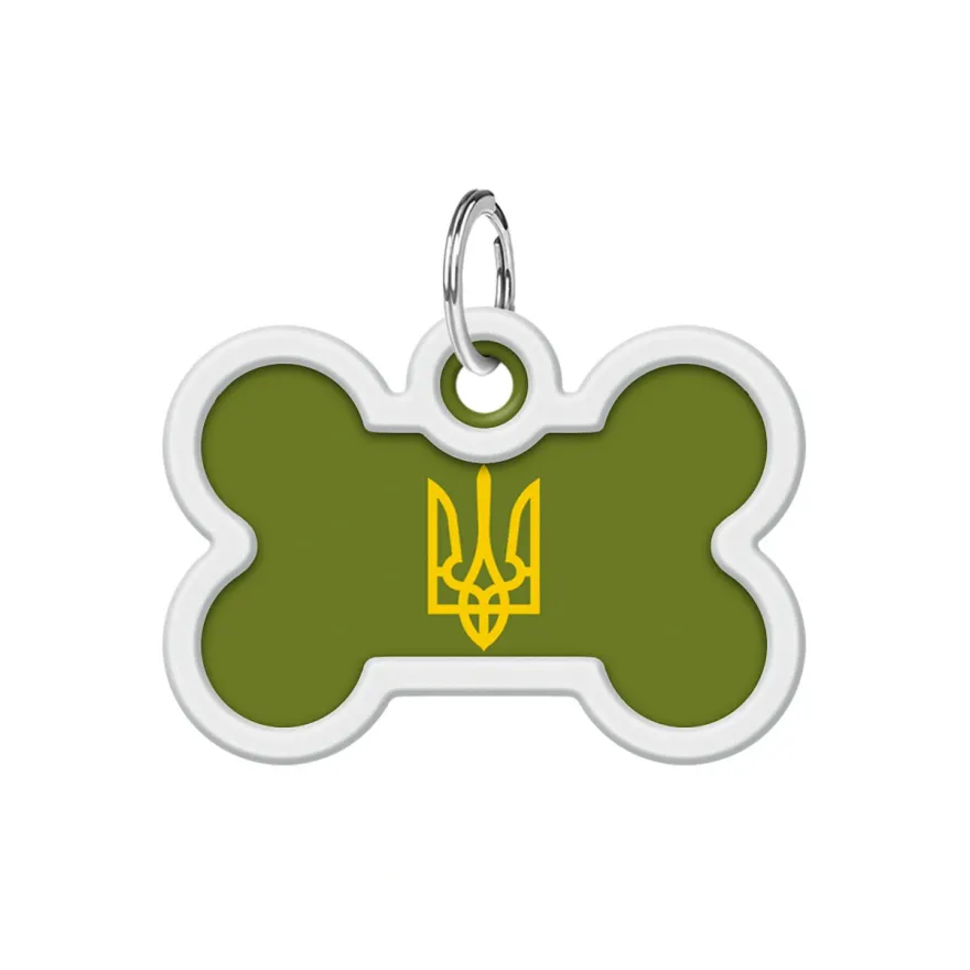 Адресник для собак і котів WAUDOG Smart ID "Тризуб олива" металевий M з QR паспортом кістка 40*28 мм