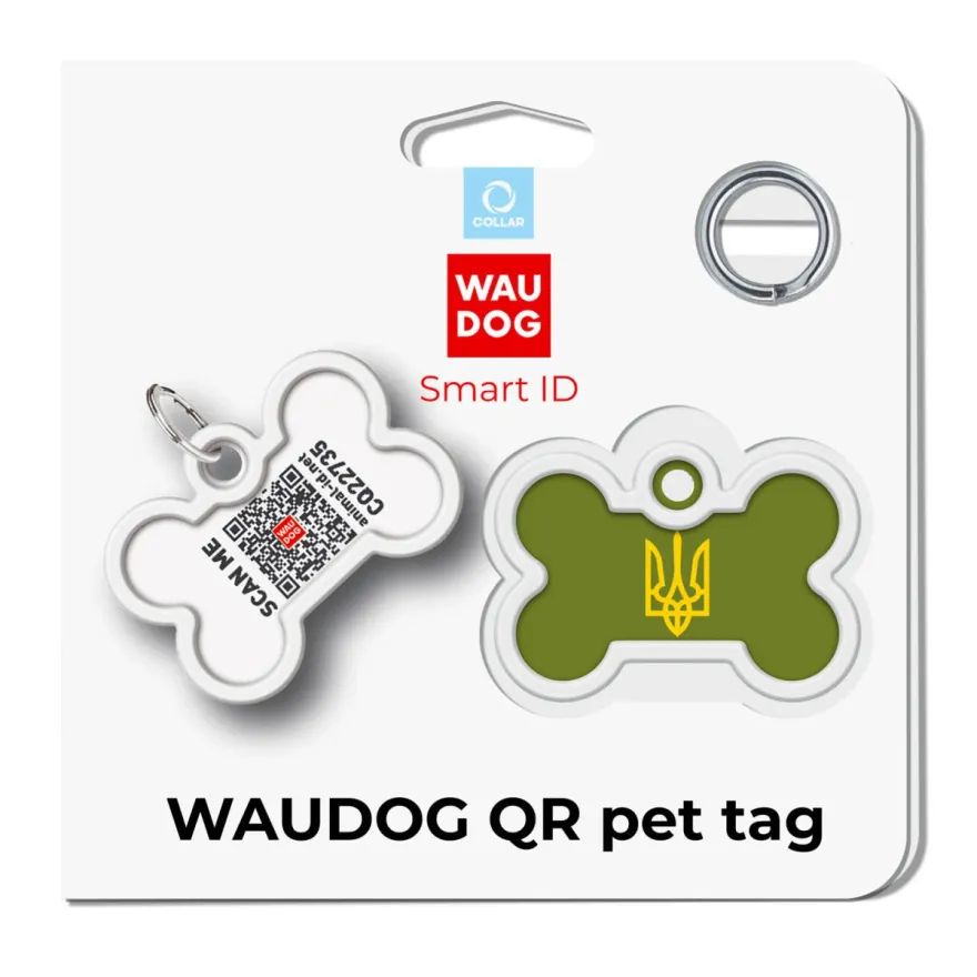 Адресник для собак і котів WAUDOG Smart ID "Тризуб олива" металевий M з QR паспортом кістка 40*28 мм