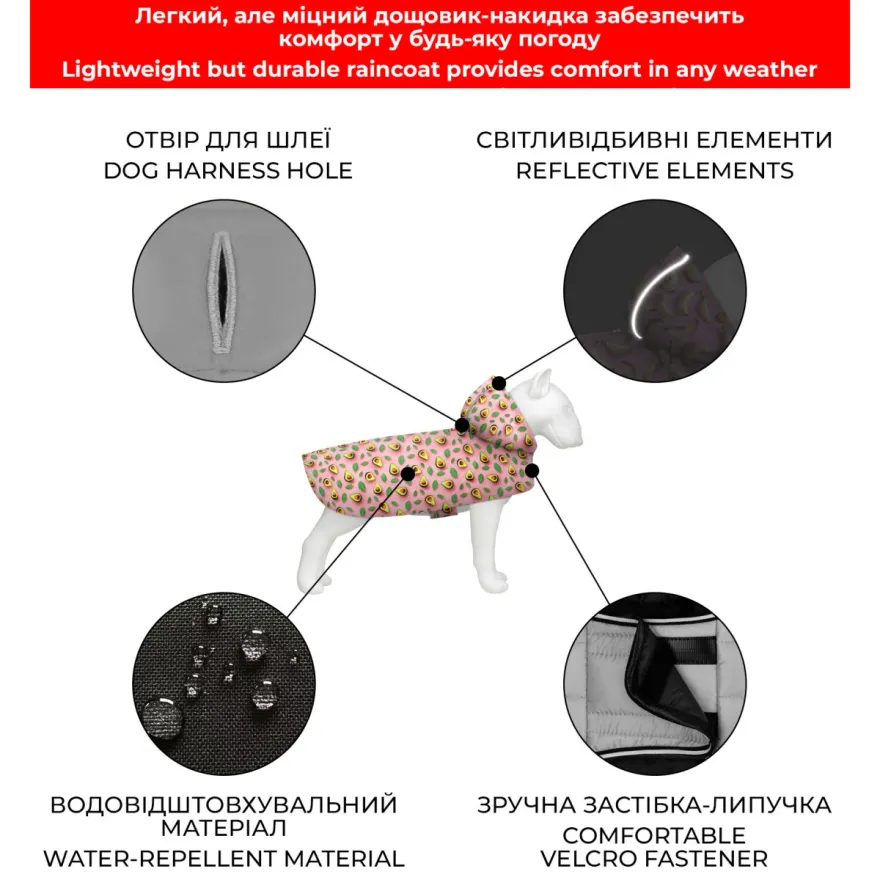 Дощовик-накидка для собак WAUDOG Clothes"Авокадо на рожевому" з капюшоном XXS
