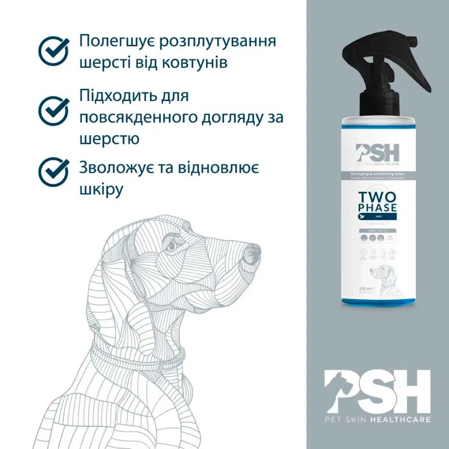 Кондиціонер-спрей двофазний PSH 2 Phase Mist для розплутування шерсті, зволоження та зменшення статичності для собак та котів 250 мл