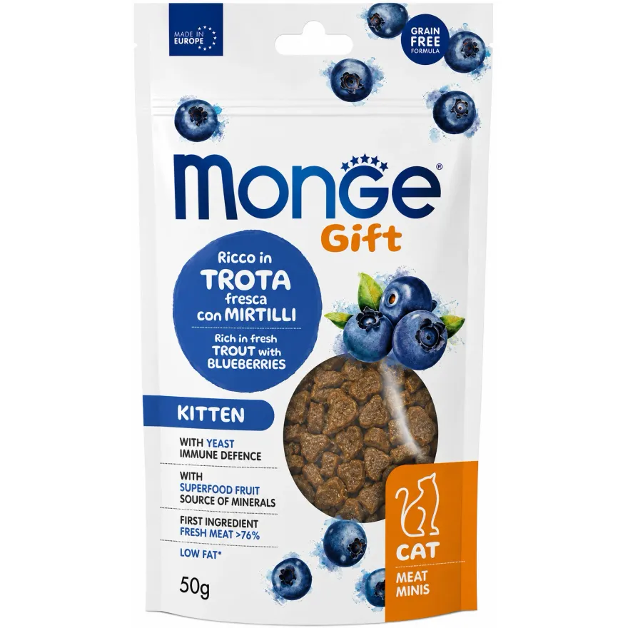Ласощі для кошенят Monge Gift Cat Kitten Снеки з фореллю та чорницею 50 г
