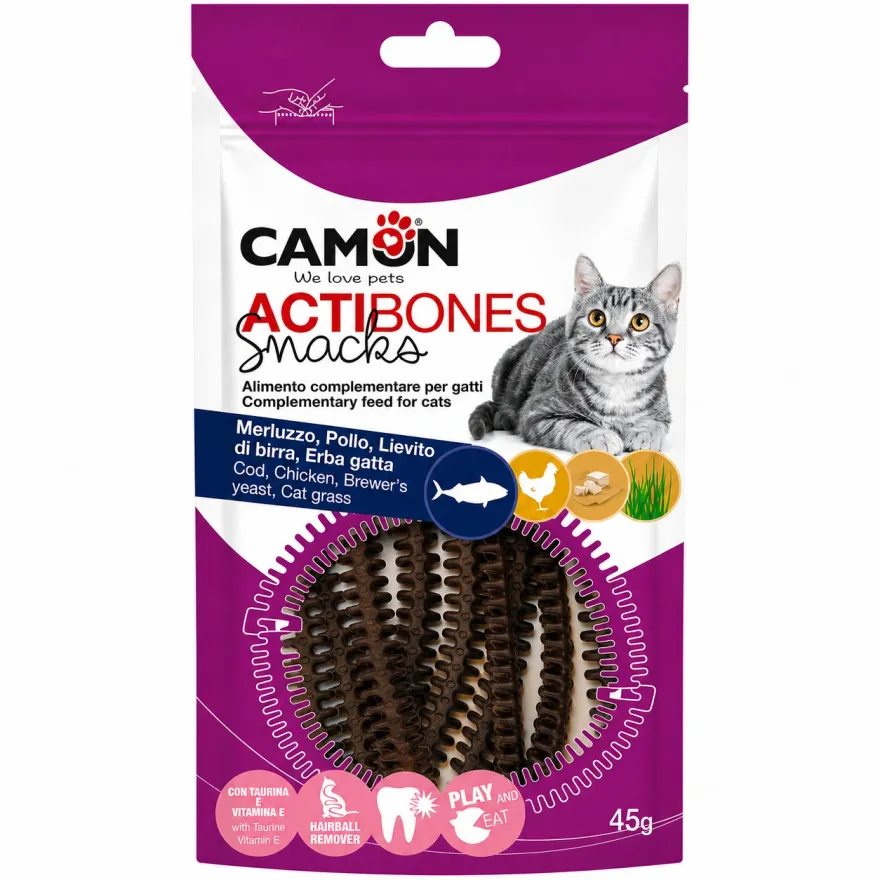 Ласощі для котів Camon Actibones Snak Ребристі палички з тріскою та лососем 45 г Ласощі для котів Camon Actibones Snak Ребристі палички з тріскою та лососем 45 г
