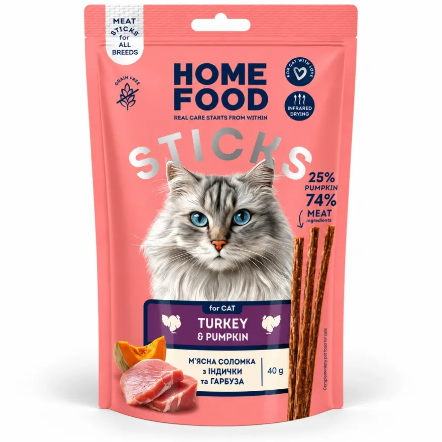 Ласощі для котів Home Food Соломка з м’яса індички з гарбузом 40 г