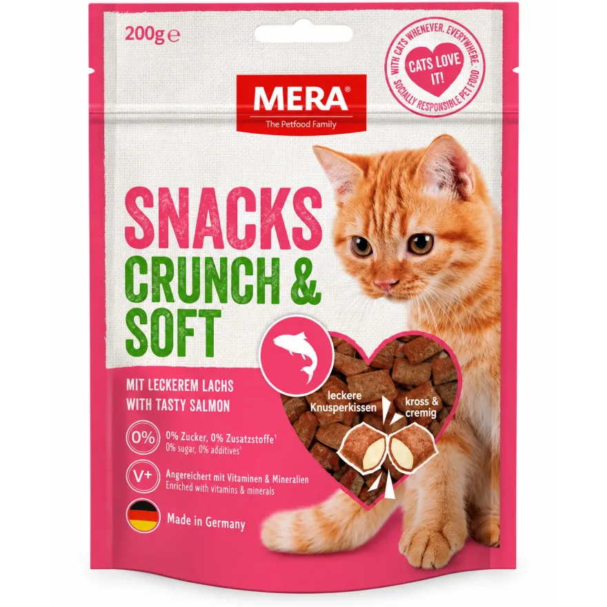 Ласощі для котів Mera Snacks Crunch & Soft Lachs Подушечки з лососем 200 гр