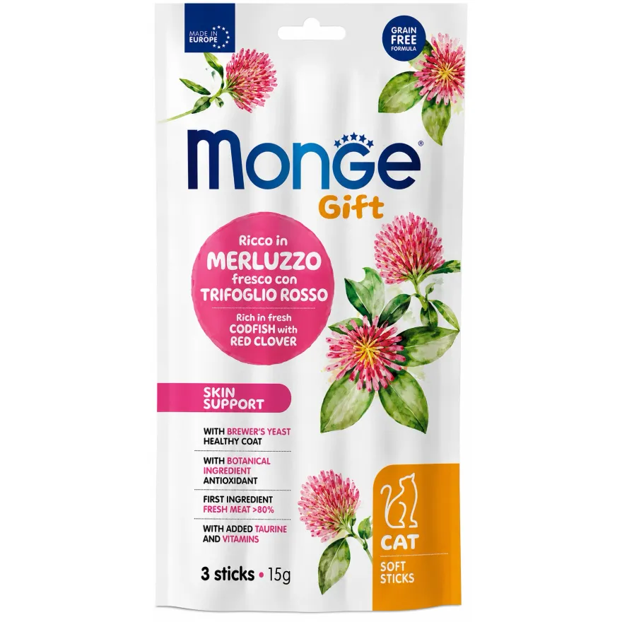 Ласощі для котів Monge Gift Cat Skin Support Палички для шкіри та шерсті, з тріскою та червоною конюшиною 3 шт
