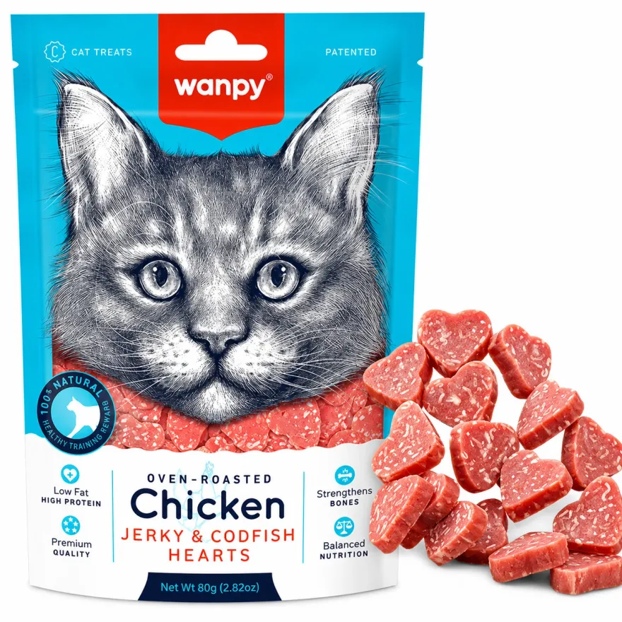 Ласощі для котів Wanpy Chicken Jerky & Codfish Hearts Сердечки курки з тріскою 80 г