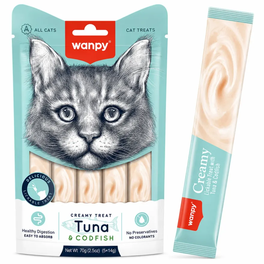 Ласощі для котів Wanpy Creamy Treat Кремовий мус з тунцем та тріскою 5*14 г