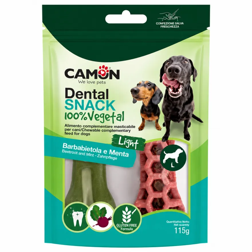 Ласощі для собак Camon Dental Snak Vegetal Mix Кісточки з солодкої картоплі зі смаком буряка та шпінату L 12.5 см 2 шт 115 г
