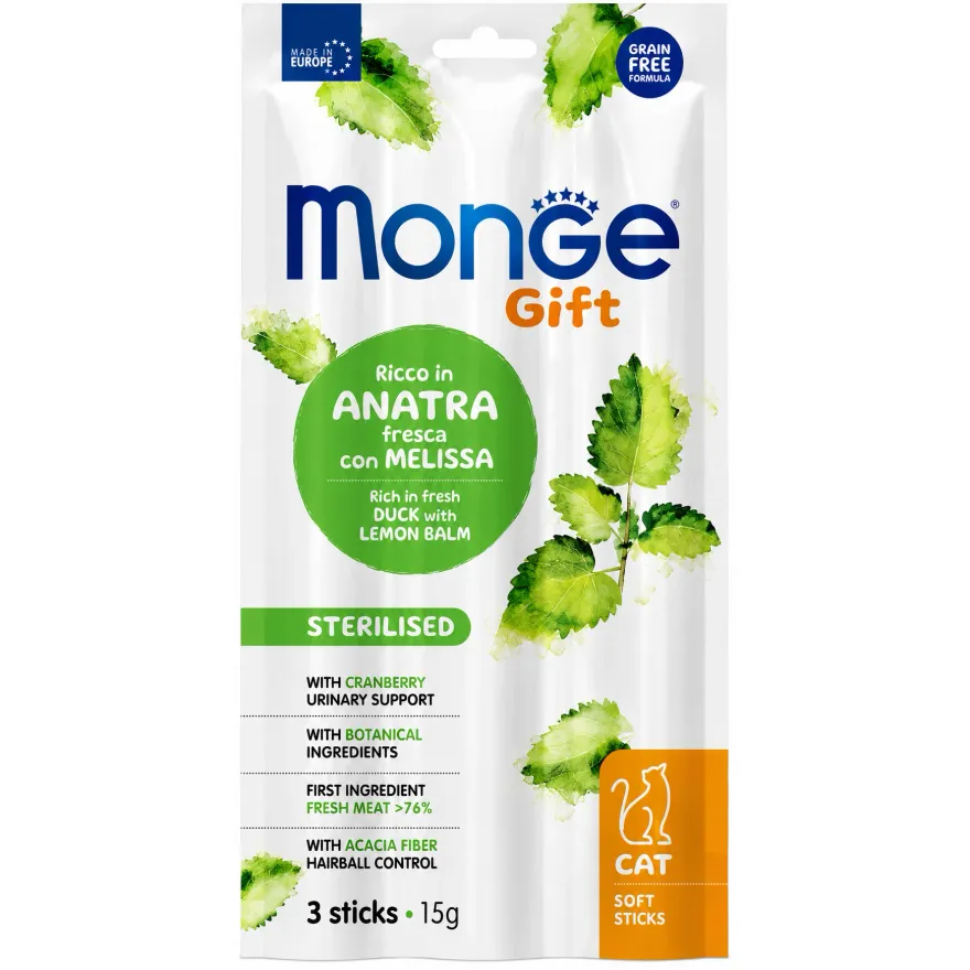 Ласощі для стерилізованих котів Monge Gift Cat Sterilised Палички з качкою та мелісою 3 шт Ласощі для стерилізованих котів Monge Gift Cat Sterilised Палички з качкою та мелісою 3 шт