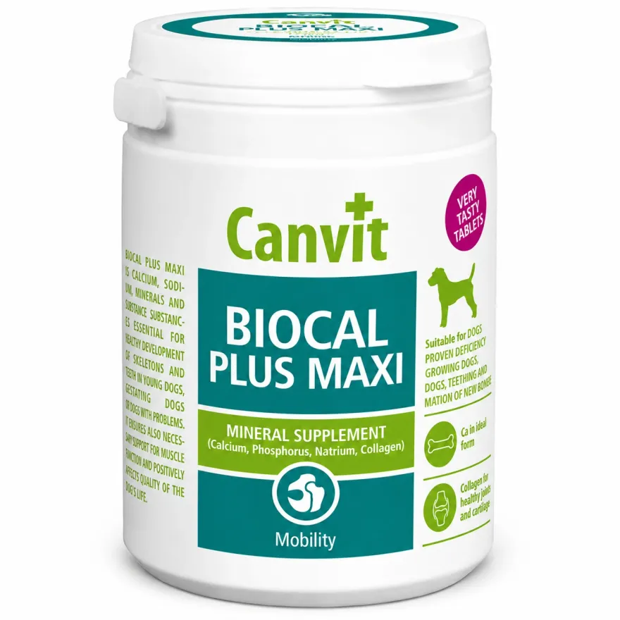 Мінеральний комплекс з колагеном Canvit Biocal Plus Maxi для зміцнення кісток, зубів, зв'язок та суглобів у собак 115 табл. (230 г)