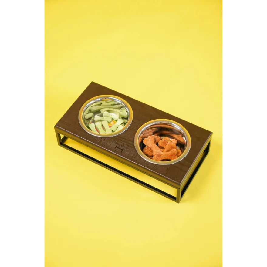 Миски на підставці для котів і собак Harley&Cho Lunch Bar Brown Wood + Black S дерево/сталь 2*450 мл / 7 см