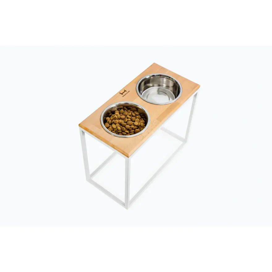 Миски на підставці для собак Harley&Cho Lunch Bar Natural Wood + White XL40 дерево/сталь 2*1,8 л / 40 см