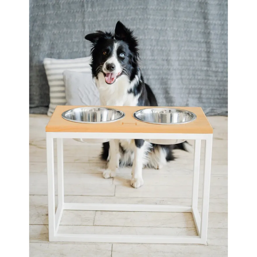 Миски на підставці для собак Harley&Cho Lunch Bar Natural Wood + White XL40 дерево/сталь 2*1,8 л / 40 см