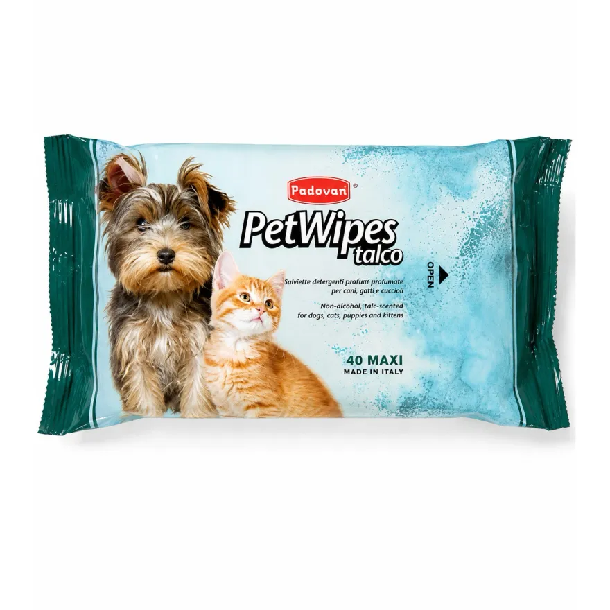 Очищаючі вологі серветки  Padovan Pet Wipes Talco для собак і котів з ароматом тальку 40 шт