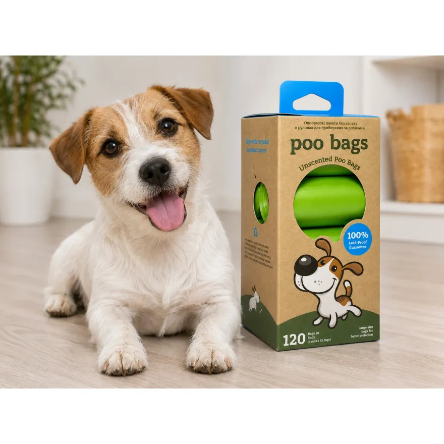 Пакети Poo Bags для прибирання за тваринами біорозкладні без запаху 15*8 шт зелені