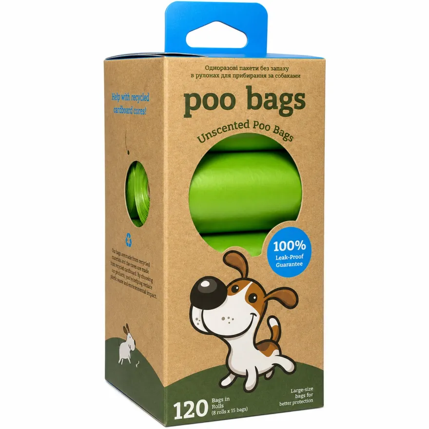 Пакети Poo Bags для прибирання за тваринами біорозкладні без запаху 15*8 шт зелені Пакети Poo Bags для прибирання за тваринами біорозкладні без запаху 15*8 шт зелені