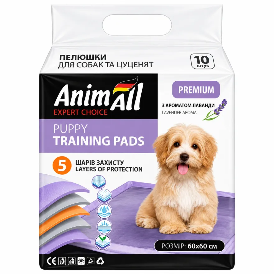 Пелюшки AnimAll Puppy Training Pads щоденні з ароматом лаванди для цуценят та дорослих собак 60*60 см 10 шт