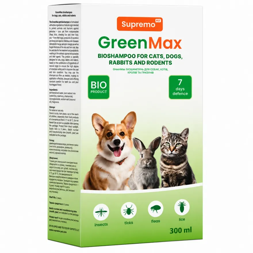 Шампунь GreenMax Bio Product від бліх і кліщів для тварин 300 мл