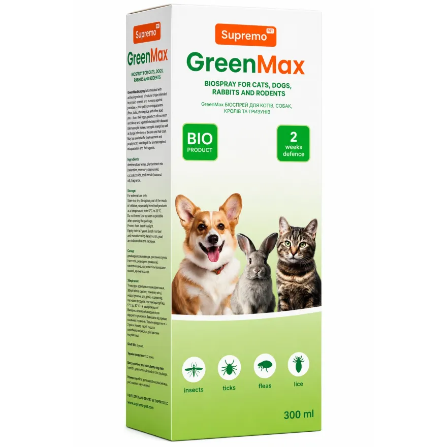 Спрей від бліх і кліщів GreenMax Bio Product для тварин 300 мл