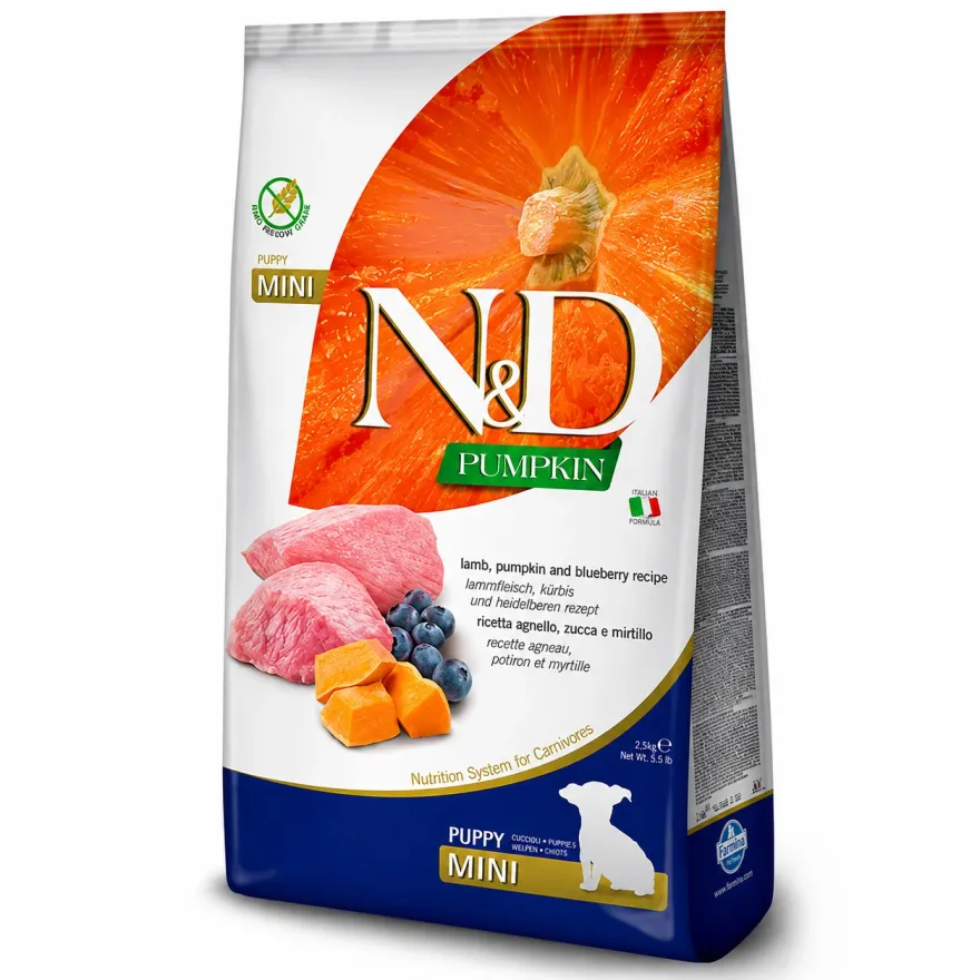 Сухий корм для цуценят малих порід Farmina N&D Pumpkin Grain Free Puppy Mini Lamb&Blueberry з ягням, гарбузом і лохиною 800 г Сухий корм для цуценят малих порід Farmina N&D Pumpkin Grain Free Puppy Mini Lamb&Blueberry з ягням, гарбузом і лохиною 800 г