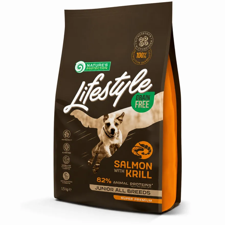 Сухий корм для цуценят усіх порід Nature's Protection Lifestyle Grain Free Salmon with Krill Junior All Breeds з лососем і крилем 1,5 кг Сухий корм для цуценят усіх порід Nature's Protection Lifestyle Grain Free Salmon with Krill Junior All Breeds з лососем і крилем 1,5 кг