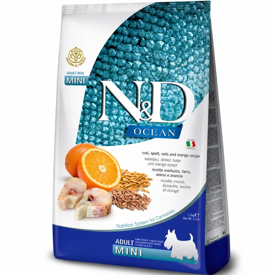 Сухий корм для дорослих собак малих порід Farmina N&D Ocean Adult Mini Cod, Spelt, Oats&Orange з тріскою, спельтою і апельсином 800 г Сухий корм для дорослих собак малих порід Farmina N&D Ocean Adult Mini Cod, Spelt, Oats&Orange з тріскою, спельтою і апельсином 800 г