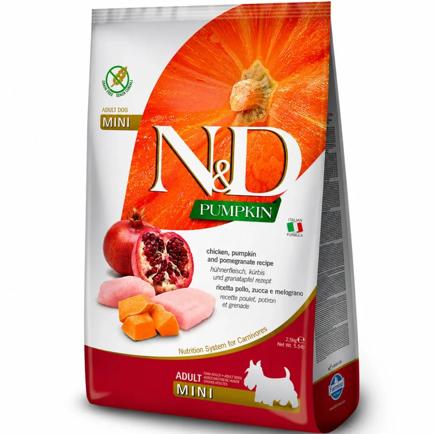 Сухий корм для дорослих собак малих порід Farmina N&D Pumpkin Grain Free Adult Mini Chicken & Pomegranate з куркою, гарбузом і гранатом 800 г Сухий корм для дорослих собак малих порід Farmina N&D Pumpkin Grain Free Adult Mini Chicken & Pomegranate з куркою, гарбузом і гранатом 800 г