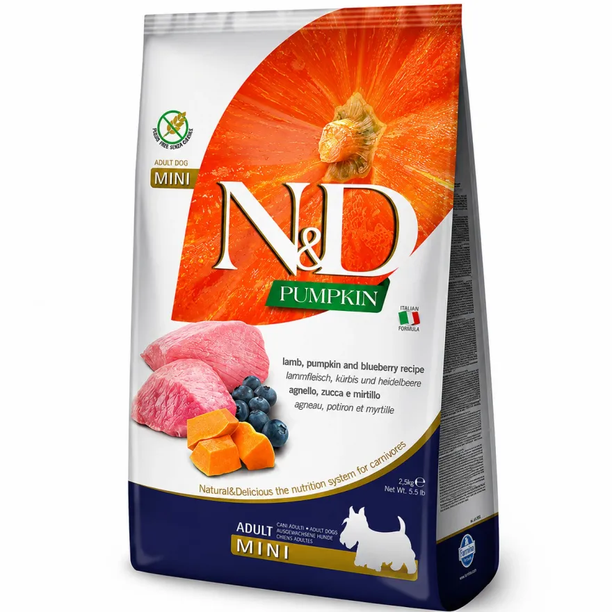Сухий корм для дорослих собак малих порід Farmina N&D Pumpkin Grain Free Adult Mini Lamb&Blueberry з ягням, гарбузом і лохиною 800 г Сухий корм для дорослих собак малих порід Farmina N&D Pumpkin Grain Free Adult Mini Lamb&Blueberry з ягням, гарбузом і лохиною 800 г