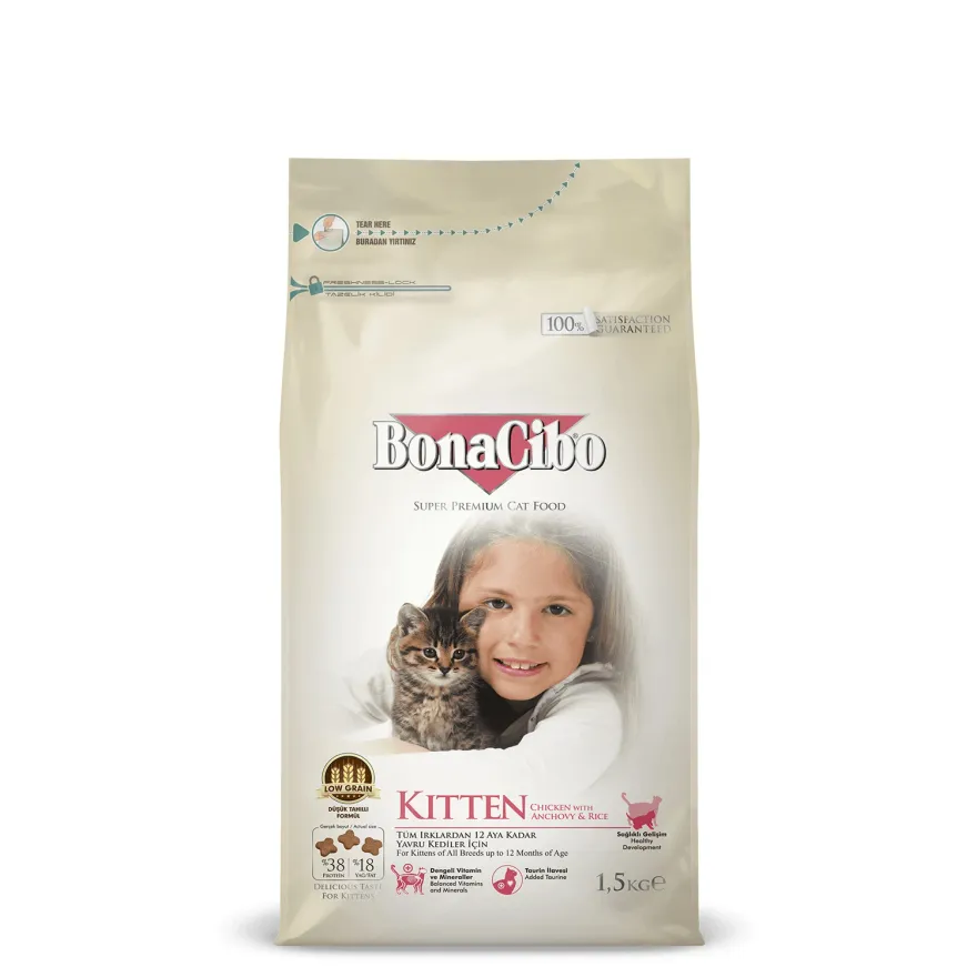 Сухий корм для кошенят BonaCibo Kitten з м'ясом курки, анчоусами та рисом 1,5 кг