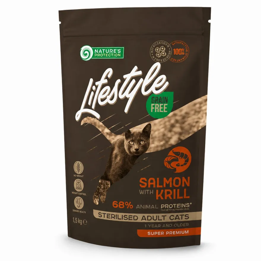 Сухий корм для стерилізованих котів Nature's Protection Lifestyle Grain Free Cat Adult Sterilised Salmon With Krill з лососем та крилем 400 г