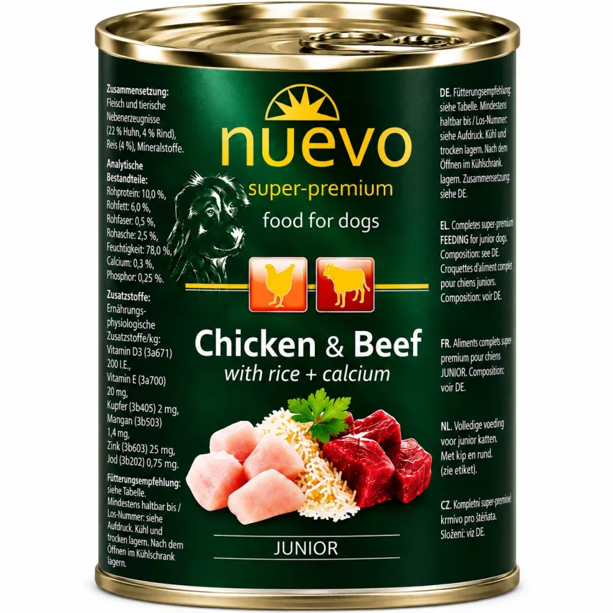 Вологий корм для цуценят Nuevo Dog Junior Chicken & Beef з куркою, яловичиною, рисом та кальцієм 400г