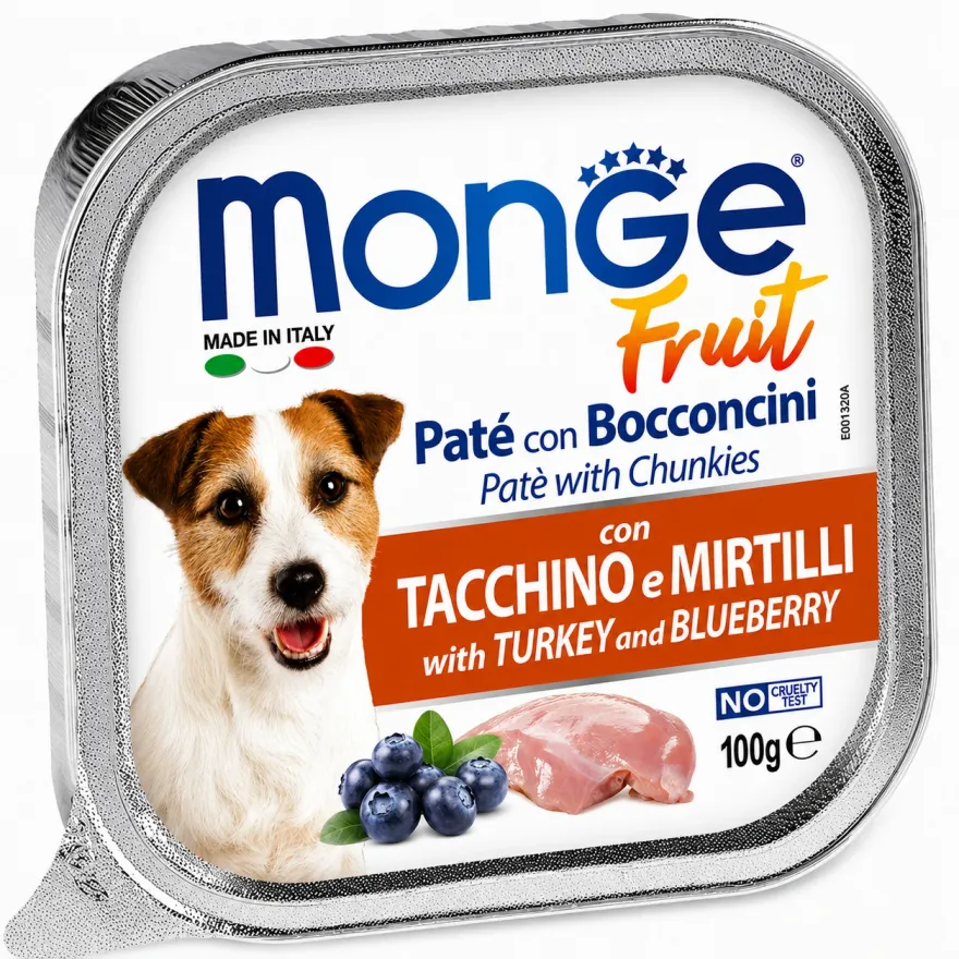 Вологий корм для дорослих собак Monge Fruit Dog Adult Turkey and Blueberry Паштет з індичкою та лохиною 100 г