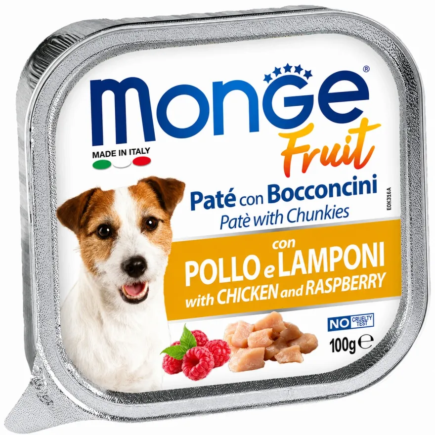 Вологий корм для дорослих собак Monge Fruit Dog Adult with Chicken and Raspberry Паштет з куркою та малиною 100 г