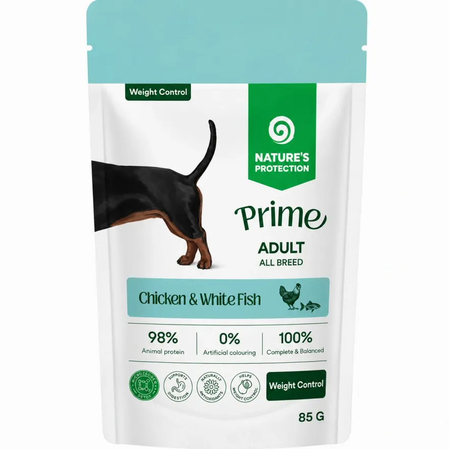 Вологий корм для дорослих собак Nature's Protection Prime Weight Control Chicken & White Fish для контролю ваги, з куркою та білою рибою в соусі 85 г