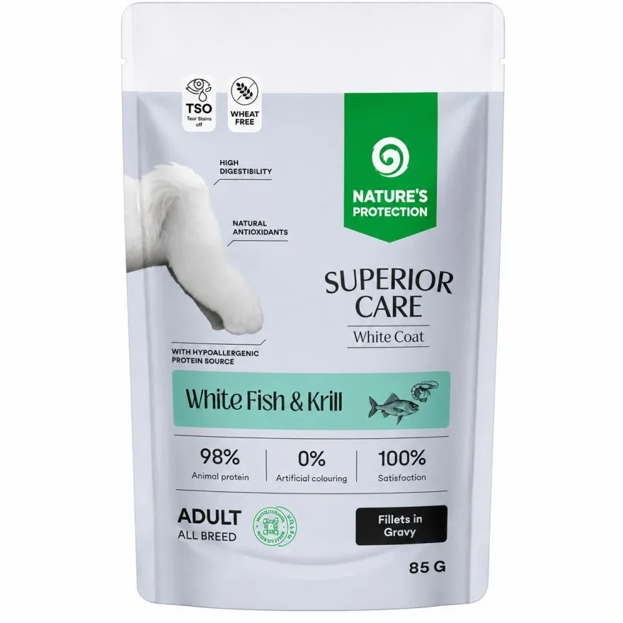 Вологий корм для дорослих собак Nature's Protection Superior Care White Dogs White Fish & Krill з білою шерстю, з білою рибою і крилем в соусі 85 г
