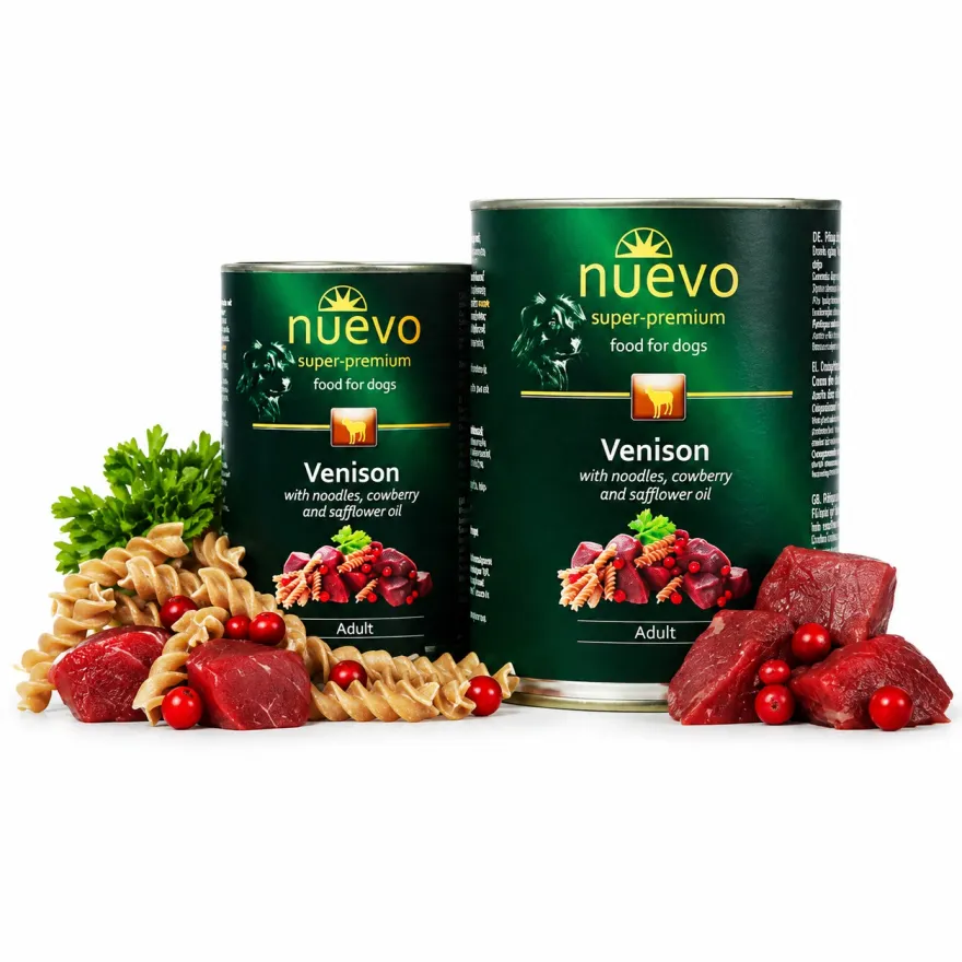 Вологий корм для собак Nuevo Dog Adult Venison & Noodles & Cowberry з олениною брусницею та сафлоровою олією 400г