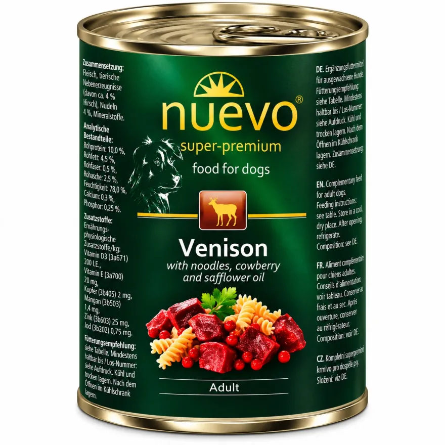 Вологий корм для собак Nuevo Dog Adult Venison & Noodles & Cowberry з олениною брусницею та сафлоровою олією 400г
