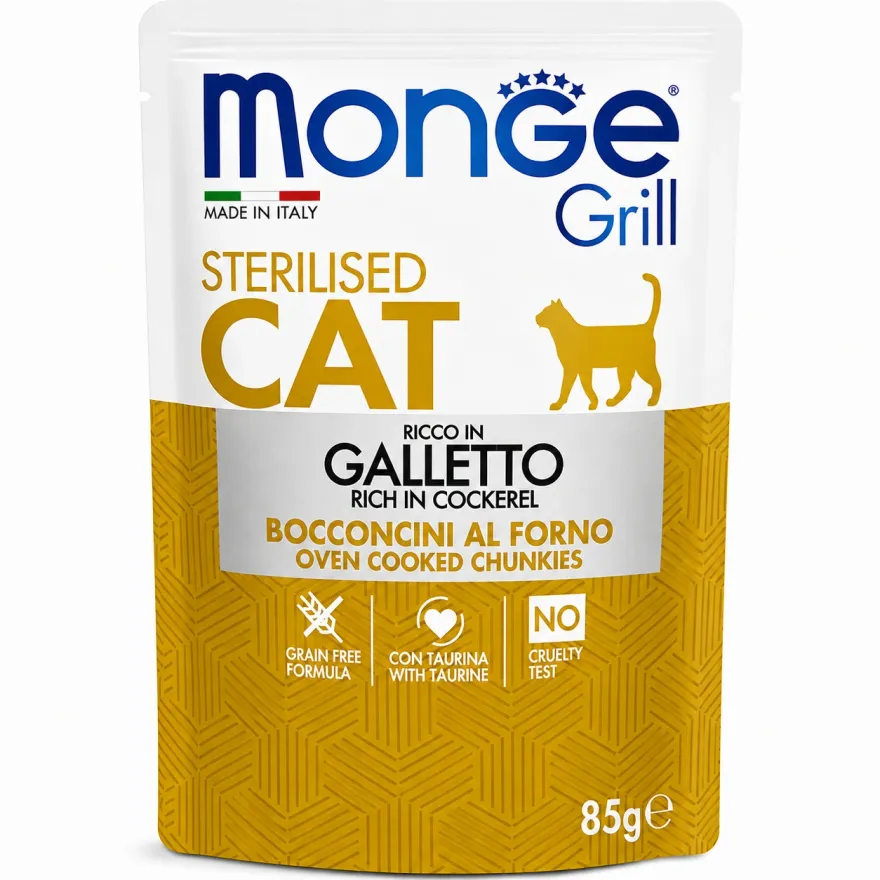 Вологий корм для стерилізованих котів Monge Grill Cat Sterilised Chicken з півнем в желе 85 г Вологий корм для стерилізованих котів Monge Grill Cat Sterilised Chicken з півнем в желе 85 г