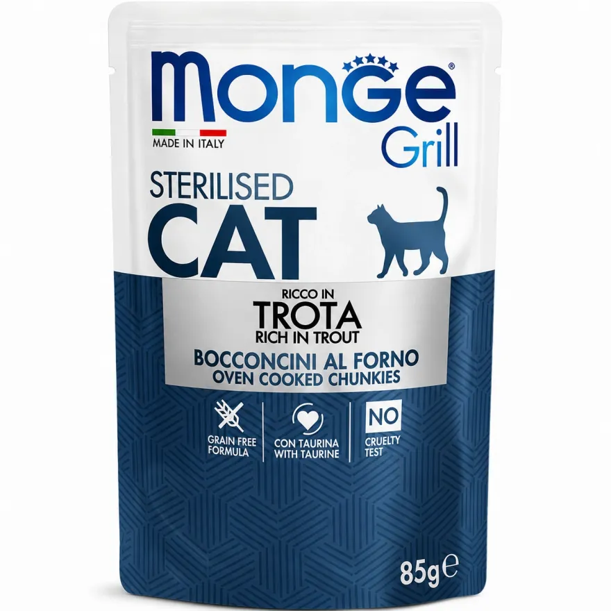 Вологий корм для стерилізованих котів Monge Grill Cat Sterilised Trout з фореллю в желе 85 г Вологий корм для стерилізованих котів Monge Grill Cat Sterilised Trout з фореллю в желе 85 г