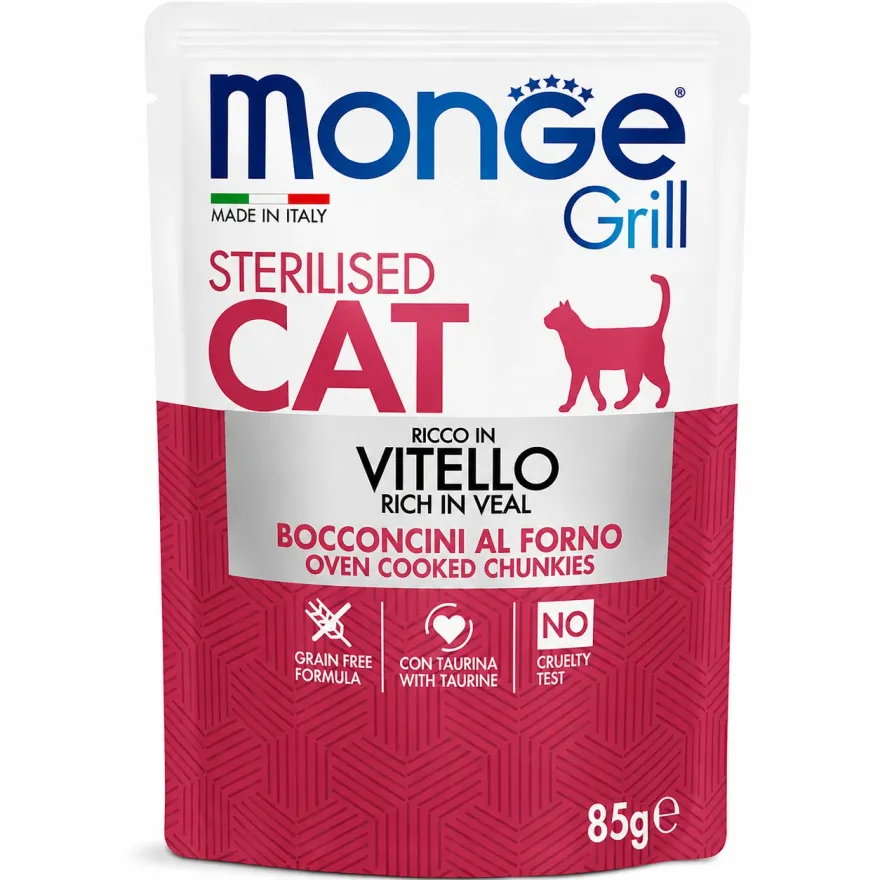 Вологий корм для стерилізованих котів Monge Grill Cat Sterilised Veal з телятиною в желе 85 г Вологий корм для стерилізованих котів Monge Grill Cat Sterilised Veal з телятиною в желе 85 г