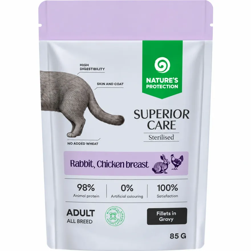Вологий корм для стерилізованих котів Nature's Protection Superior Care Sterilised Rabbit&Chicken Breast з кроликом і куркою в соусі 85 г Вологий корм для стерилізованих котів Nature's Protection Superior Care Sterilised Rabbit&Chicken Breast з кроликом і куркою в соусі 85 г