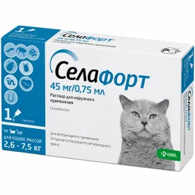 Краплі на холку від бліх, кліщів і глистів KRKA Selafort Селафорт для котів від 2,6 до 7,5 кг