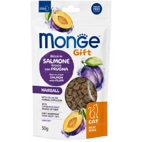 Ласощі для котів Monge Gift Cat Hairball для виведення шерсті, снеки з лососем та сливою 50 г