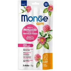 Ласощі для котів Monge Gift Cat Skin Support Палички для шкіри та шерсті, з тріскою та червоною конюшиною 3 шт