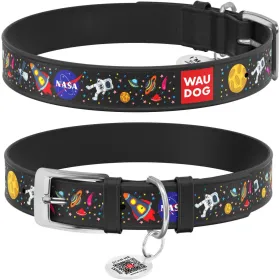 Нашийник для собак WAUDOG Design "NASA" шкіряний S з QR паспортом 26-35 см / 15 мм чорний