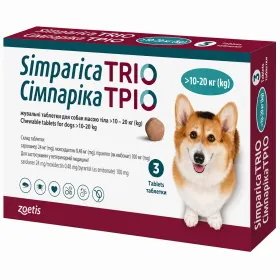 Таблетки від бліх, кліщів і глистів Zoetis Simparica TRIO Сімпаріка ТРІО для собак від 10 до 20 кг 1 таблетка