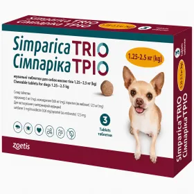 Таблетки від бліх, кліщів і глистів Zoetis Simparica TRIO Сімпаріка ТРІО для собак від 1,25 до 2,5 кг 1 таблетка